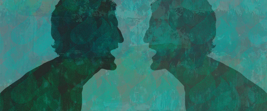 Illustration représentant deux silouettes du même visage se faisant front et semblant régler des comptes