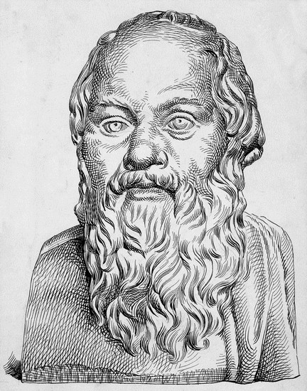 Portrait à la plume du philosophe Grec Socrate, père de la maeutique.